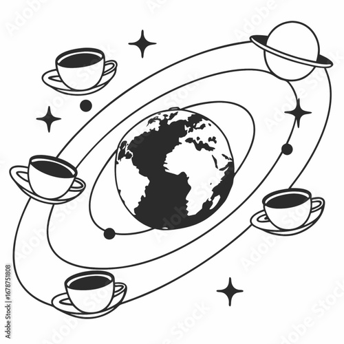 Minimilist illustration of earth with orbiting coffee cups stars and a saturn like planet in a space theme design vector