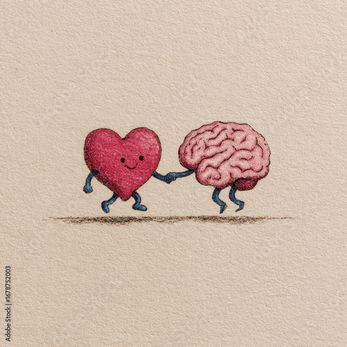 Heart and brain connection emotional insight illustrated art whimsical style close-up concept of love and intelligence