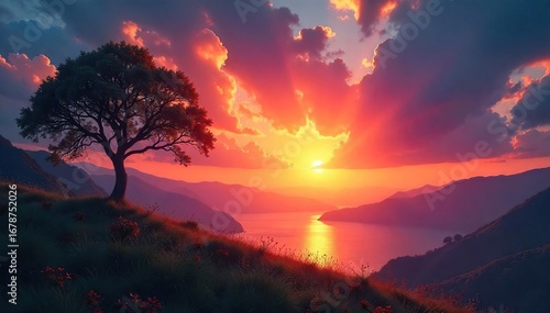 A vibrant sunrise over a tranquil landscape, symbolizing rebirth, renewal, and the triumph of life over darkness  Perfect for themes of hope, faith, and spiritual awakening ,  transcendence,  growth