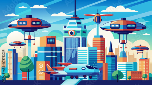 Futuristic city with flying cars and drones above modern skyscrapers under a clear blue sky