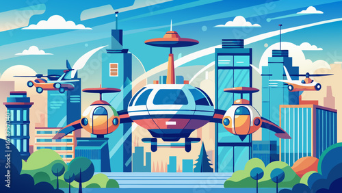 Futuristic cityscape with flying vehicles and drones hovering above skyscrapers in a bright, colorful environment