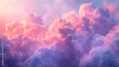 Dreamy scene of fluffy pink and purple clouds creating an ethereal and atmospheric sky.