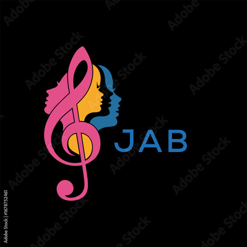 JAB "Colorful Female Silhouettes with Treble Clef Music Symbol on Black Background – JAB Later Logo, Empowerment, Diversity & Art Concept"
