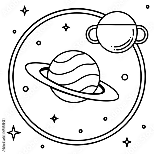 Minimilist outline drawing of saturn with rings and a planet with handles in a starry space scene design vector