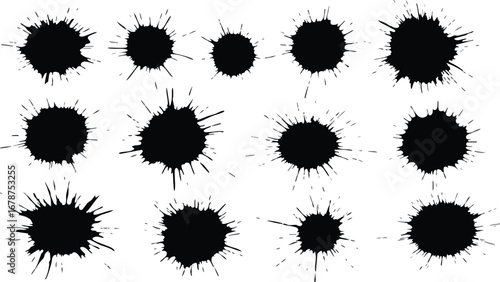 A collection of twelve black ink splatters and blots with varying shapes and textures, arranged on a white background.