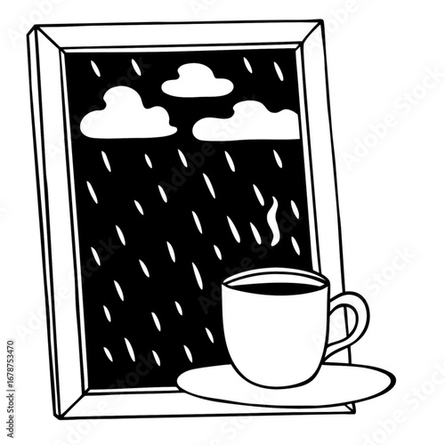 Minimilist cup of coffee on a windowsill with rain and clouds visible outside the window in black and white style vector