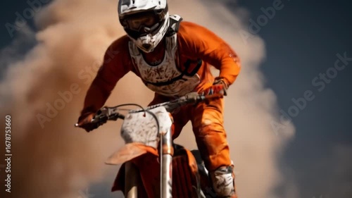 Dirt bike rider in action on a dusty track