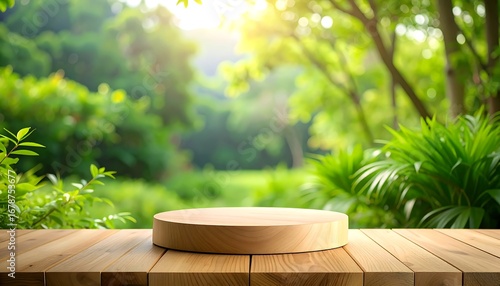 Wooden disc on a wooden surface in a lush garden setting