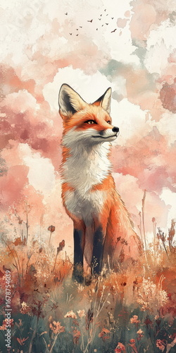 Vibrant fox in lush meadow nature scene artistic illustration colorful background whimsical perspective wildlife beauty