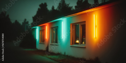Fototapeta Naklejka Na Ścianę i Meble -  close-up of neon signs glowing brightly against a dark, rainy city street