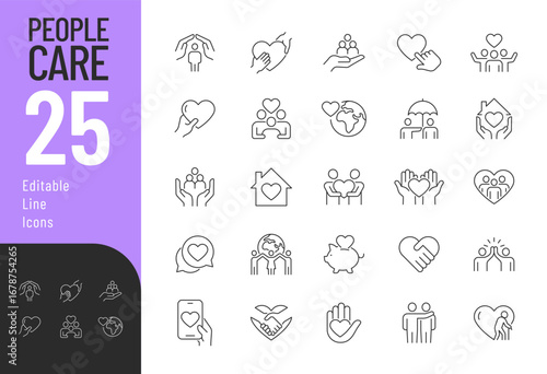 People Care line Editable Icons set. Vector illustration in modern thin line style of charity related icons: support, donation, community, and more. Isolated on white background.