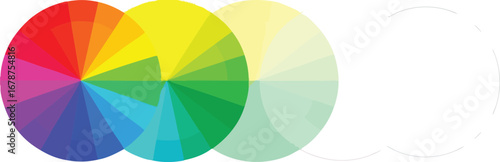 Vibrant color wheel showcases spectrum, transitions to subtle pastels and outlines
