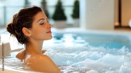 Relaxing Woman in Hot Tub Spa Bubbles Water