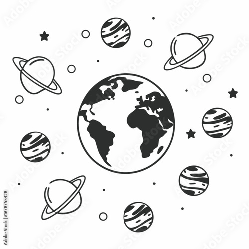 Minimilist earth surrounded by planets with rings and striped planets and stars in a black and white line drawing vector