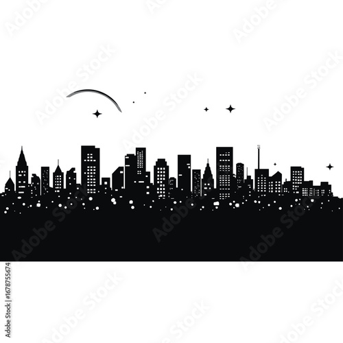 Black silhouette of a bustling city skyline under a cloudy sky