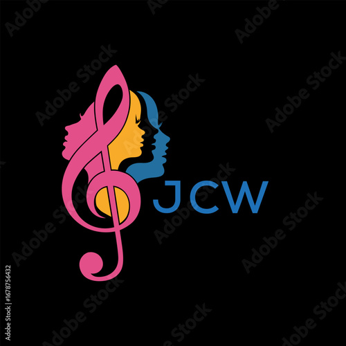 JCW "Colorful Female Silhouettes with Treble Clef Music Symbol on Black Background – JCW Later Logo, Empowerment, Diversity & Art Concept"

JCW music logo, JCW feminine logo, JCW female silhouettes, J