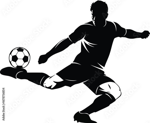 Silhouette of a soccer player kicking ball, showcasing athleticism and skill in a dynamic action shot