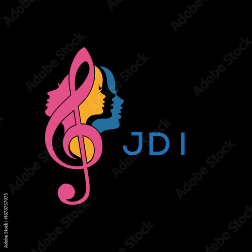 JDI "Colorful Female Silhouettes with Treble Clef Music Symbol on Black Background – JDI Later Logo, Empowerment, Diversity & Art Concept"
