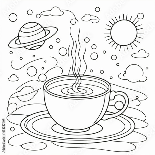 Minimilist outlined drawing of a steaming cup with a planet, sun, and clouds in a whimsical space scene vector