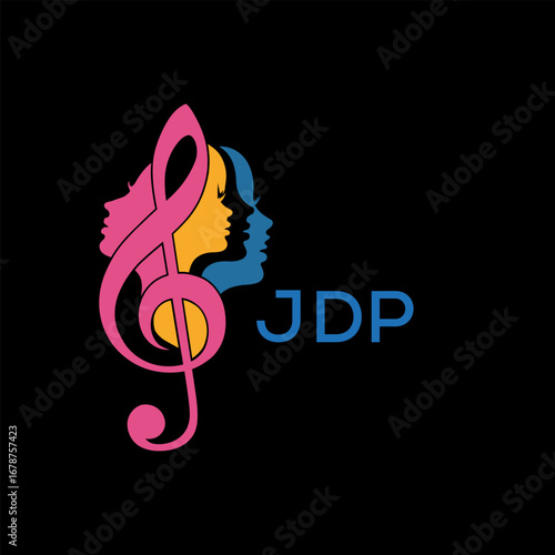 JDP "Colorful Female Silhouettes with Treble Clef Music Symbol on Black Background – JDP Later Logo, Empowerment, Diversity & Art Concept"
