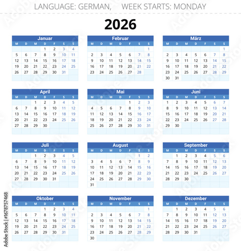 GERMAN calendar for year 2026. Blue vector illustration Germany