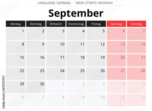 German calendar for september 2025. Vector illustration of autumn month for Germany