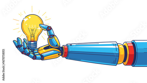 Robotic Hand Holding Glowing Light Bulb Innovation Concept Art