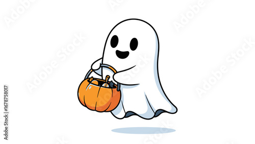 Happy Cartoon Ghost Carrying Pumpkin Basket For Halloween