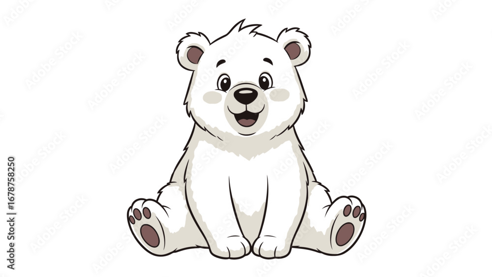 Fototapeta premium Cute Cartoon Polar Bear Cub Sitting Isolated White Background