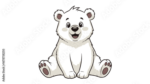 Cute Cartoon Polar Bear Cub Sitting Isolated White Background