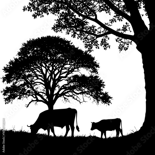 Cows grazing peacefully under the shade of a large tree silhouette