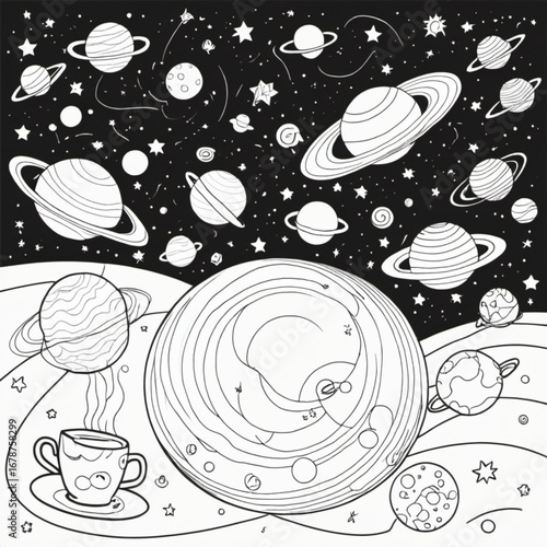 Minimilist outlined planets and stars in a black and white space scene with a teacup on a planet surface vector