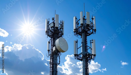 Two telecommunication towers against a bright sky