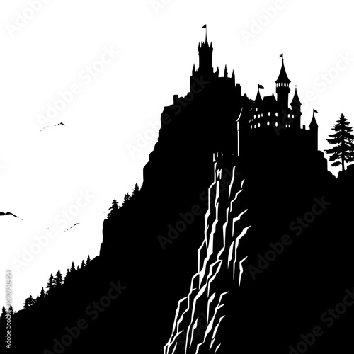 Dramatic castle silhouette on a mountain cliff edge at dusk