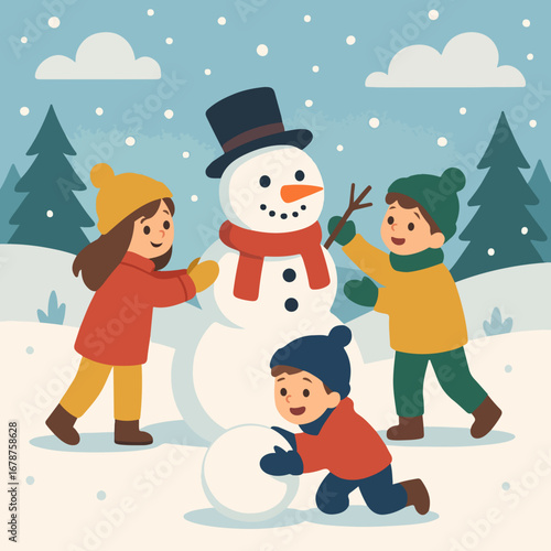 Children Joyfully Building a Snowman on a Crisp Winter Day