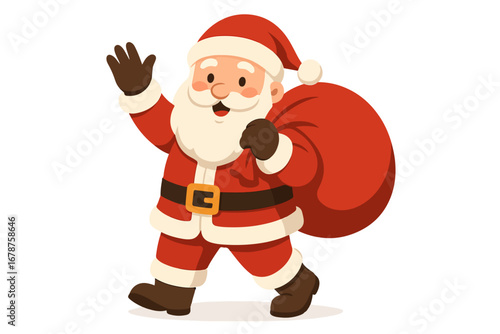 Festive Cartoon Santa Claus Carrying a Bag of Gifts and Waving