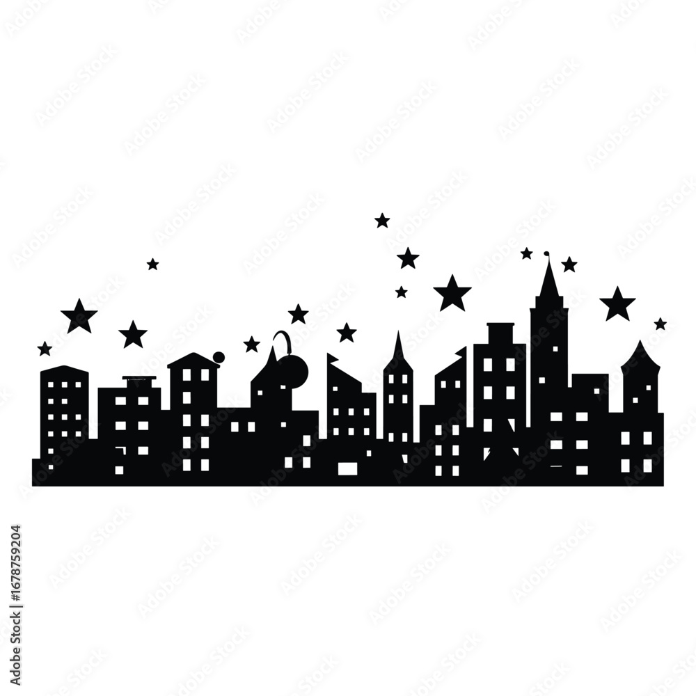 Fototapeta premium Whimsical cityscape silhouette with stars and a cat