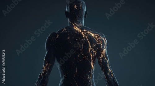 A human silhouette with dimming neural pathways and viral forms, symbolizing COVID-19 neurological complications.