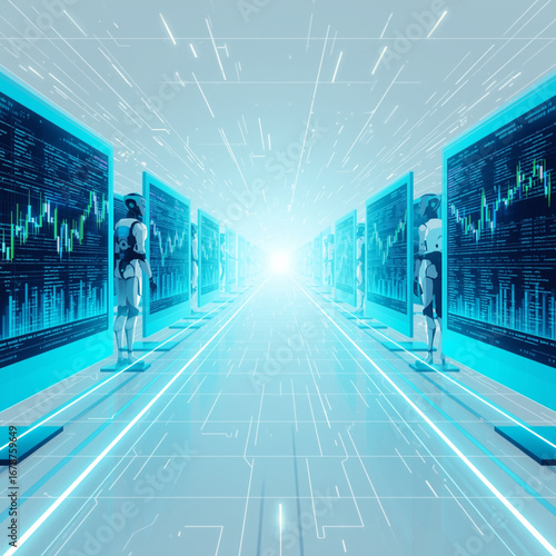 Futuristic digital stock market screen with AI-powered trading bots analyzing candlestick charts, glowing blue and green neon