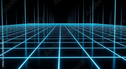 A wide-angle, futuristic perspective of a bright neon grid stretching into the distance. This classic cyberspace aesthetic is ideal for video game backgrounds, technology presentations, or any project