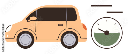 Small orange car with a minimalist speedometer graphic indicating speed and performance. Ideal for mobility, transportation, eco-driving, fuel economy, car sharing, compact vehicles, innovation