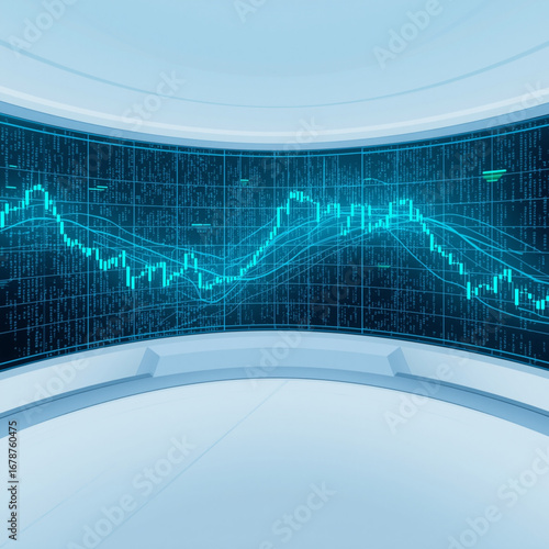 Futuristic digital stock market screen with AI-powered trading bots analyzing candlestick charts, glowing blue and green neon
