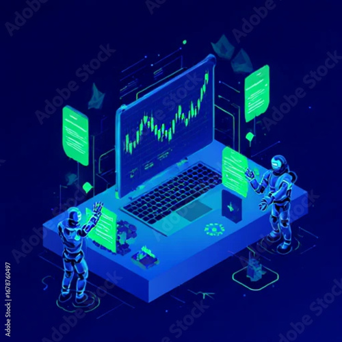 Futuristic digital stock market screen with AI-powered trading bots analyzing candlestick charts, glowing blue and green neon