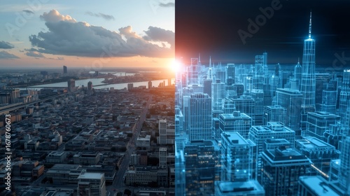 Fototapeta Naklejka Na Ścianę i Meble -  Futuristic smart city transforming into digital hologram at sunset