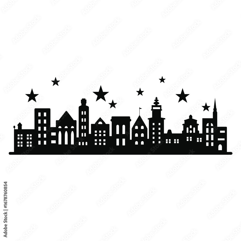 Fototapeta premium Silhouette of a charming european cityscape under a starry night sky