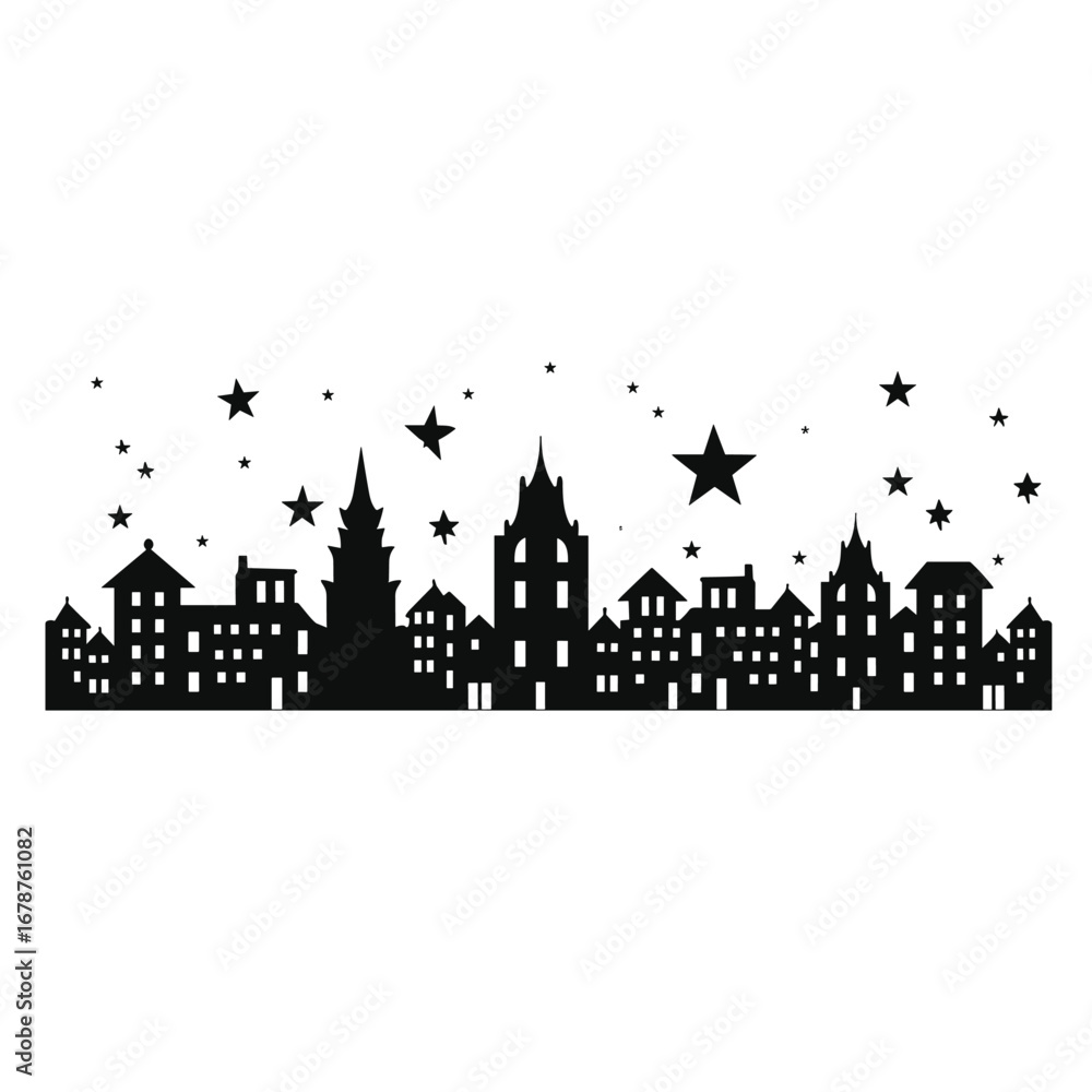 Fototapeta premium Silhouette of a city skyline with stars at night