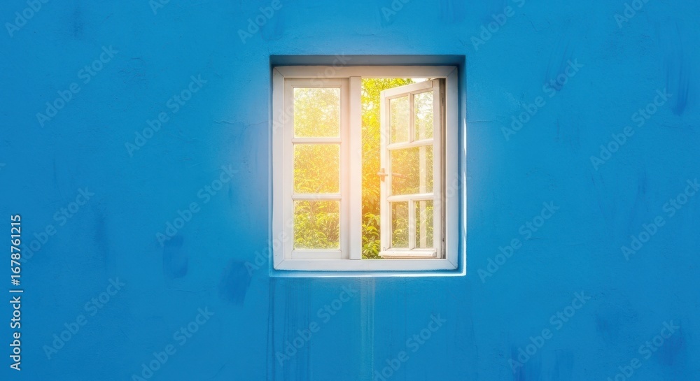 Fototapeta premium Sunlit Window on Azure Wall: A Portal to Serenity and Natural Light