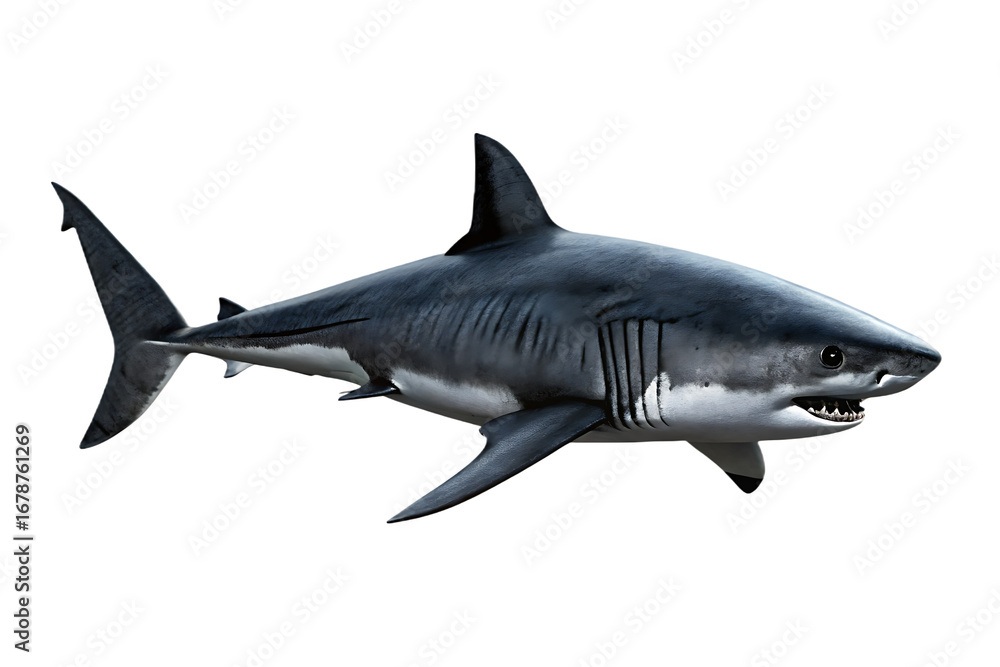 Naklejka premium Great White Shark Swimming with Open Mouth and Teeth marine life ocean isolated on a transparent background