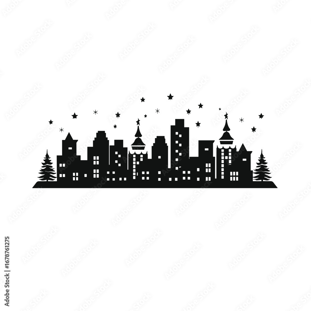 Obraz premium Festive city skyline silhouette with snowflakes and trees