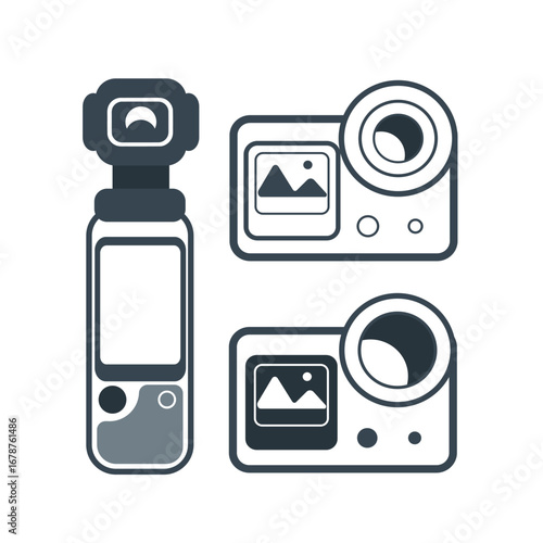 Vector icons of digital and action cameras